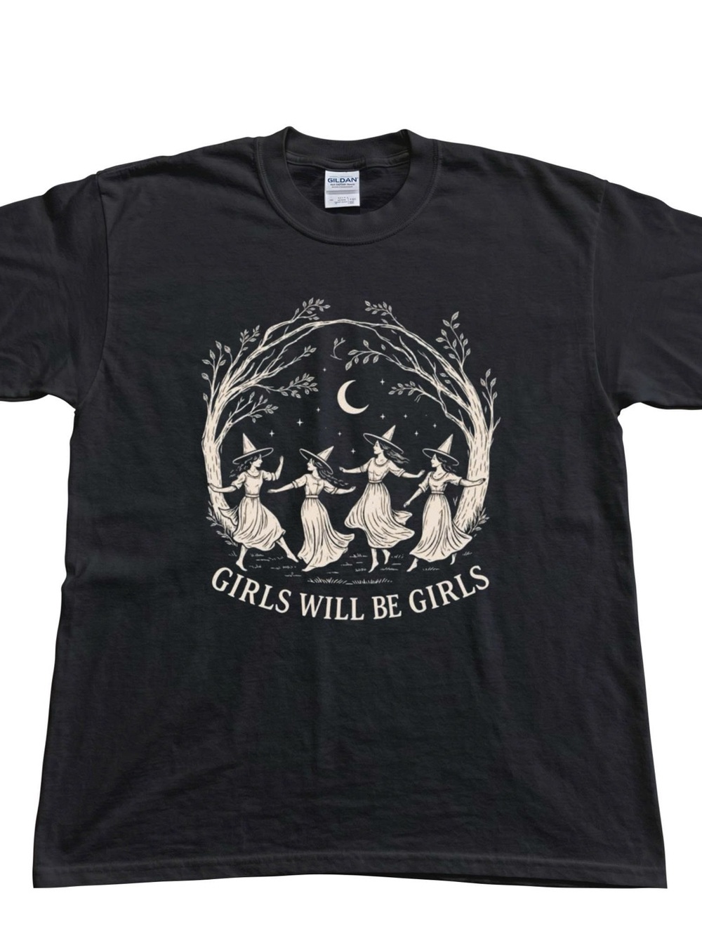 Gildan Black Tee with Cream Witch Circle Graphic - Girls Will Be Girls